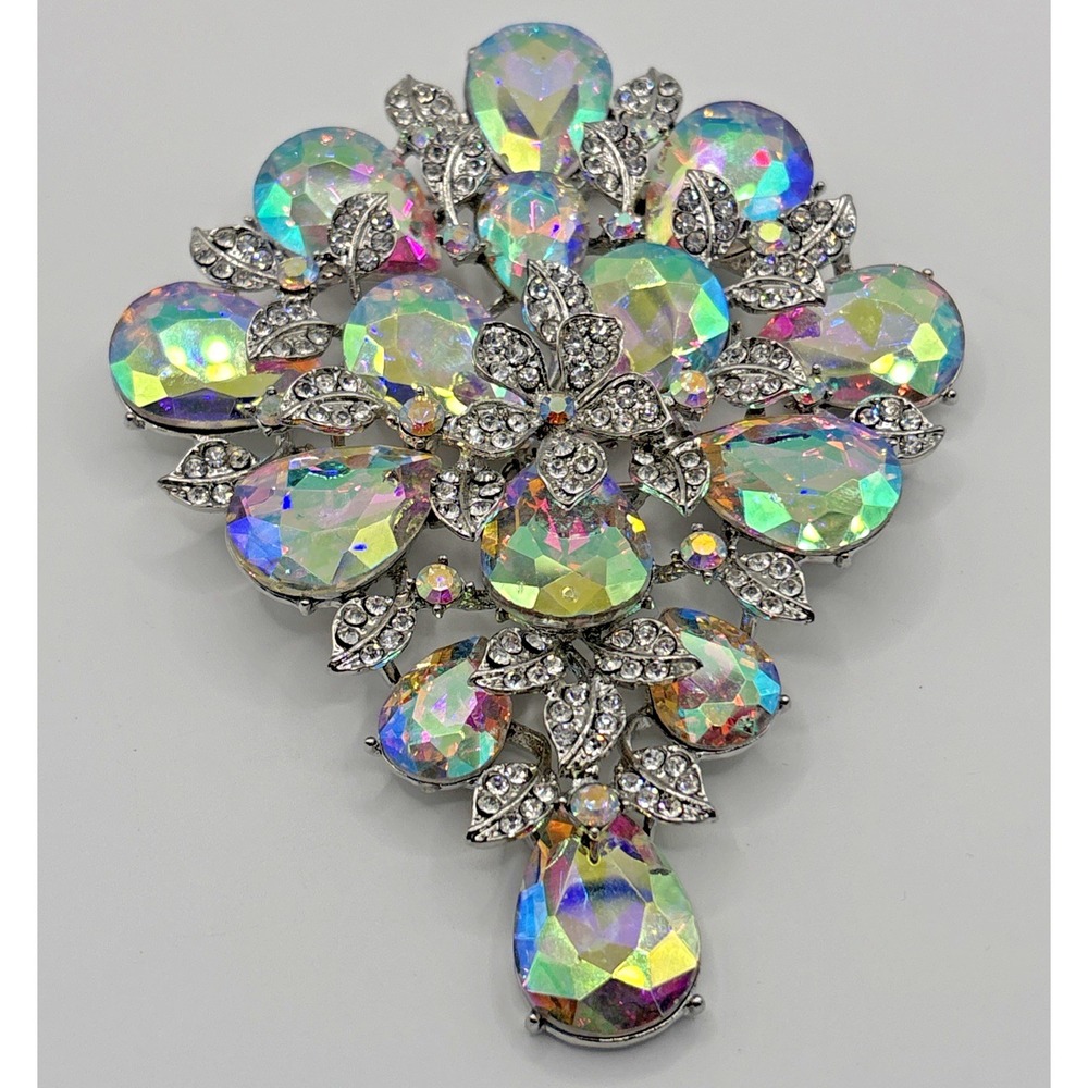 Large Floral Pendant Brooch Silver Tone AB Rhinestone BIG BLING